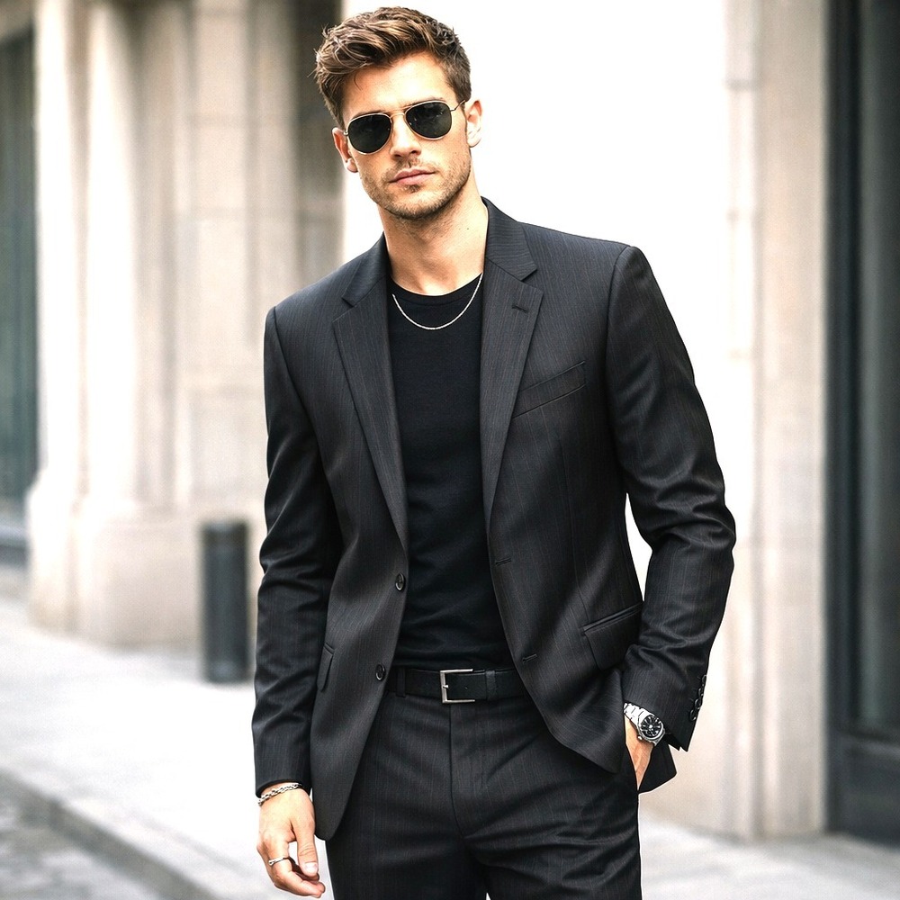 Hugo‎ Boss Men's2-Pc Suit Size 42R Wool Black Pinstripe Galilei|Sigma Style USA